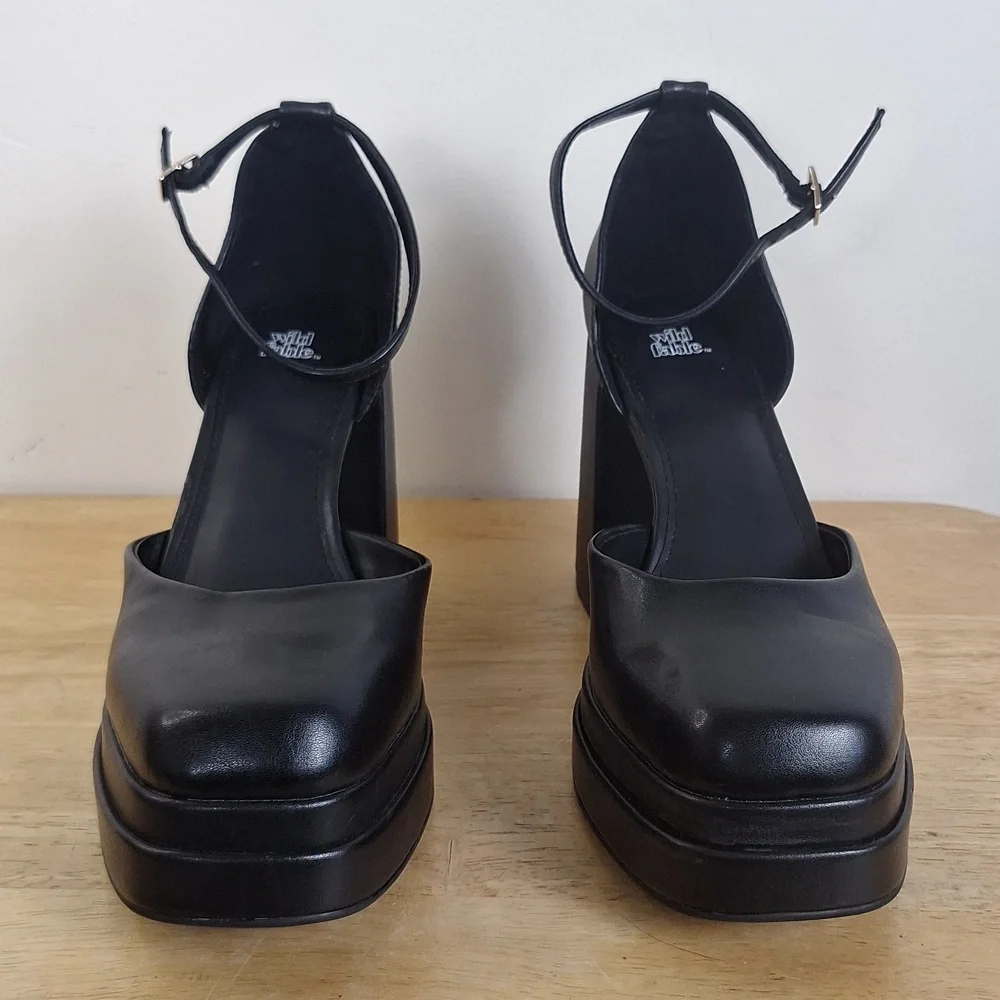 Wild Fable Black Square Toe Platform Block Heels Pumps Ankle Strap Size 8.5 - Picture 5 of 13